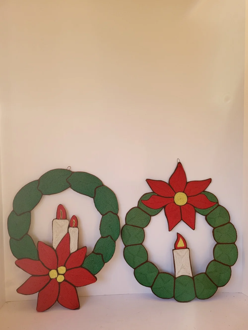 1970s Vintage Huichol Style Mexican Christmas Yarn Poinsettia & Candle Wreath
